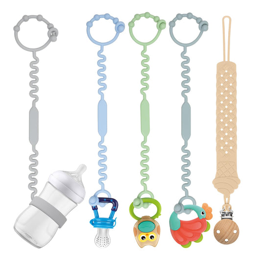 Tsarasi Silicone Baby Toy & Bottle Strap Set – Includes 1 Universal Bottle Strap, 3 Adjustable Toy Straps, &1 Pacifier Clip (Baby Blue+Celadon+Blue Gray+Gray Bottle Strap+Tan Pacifier Chain)