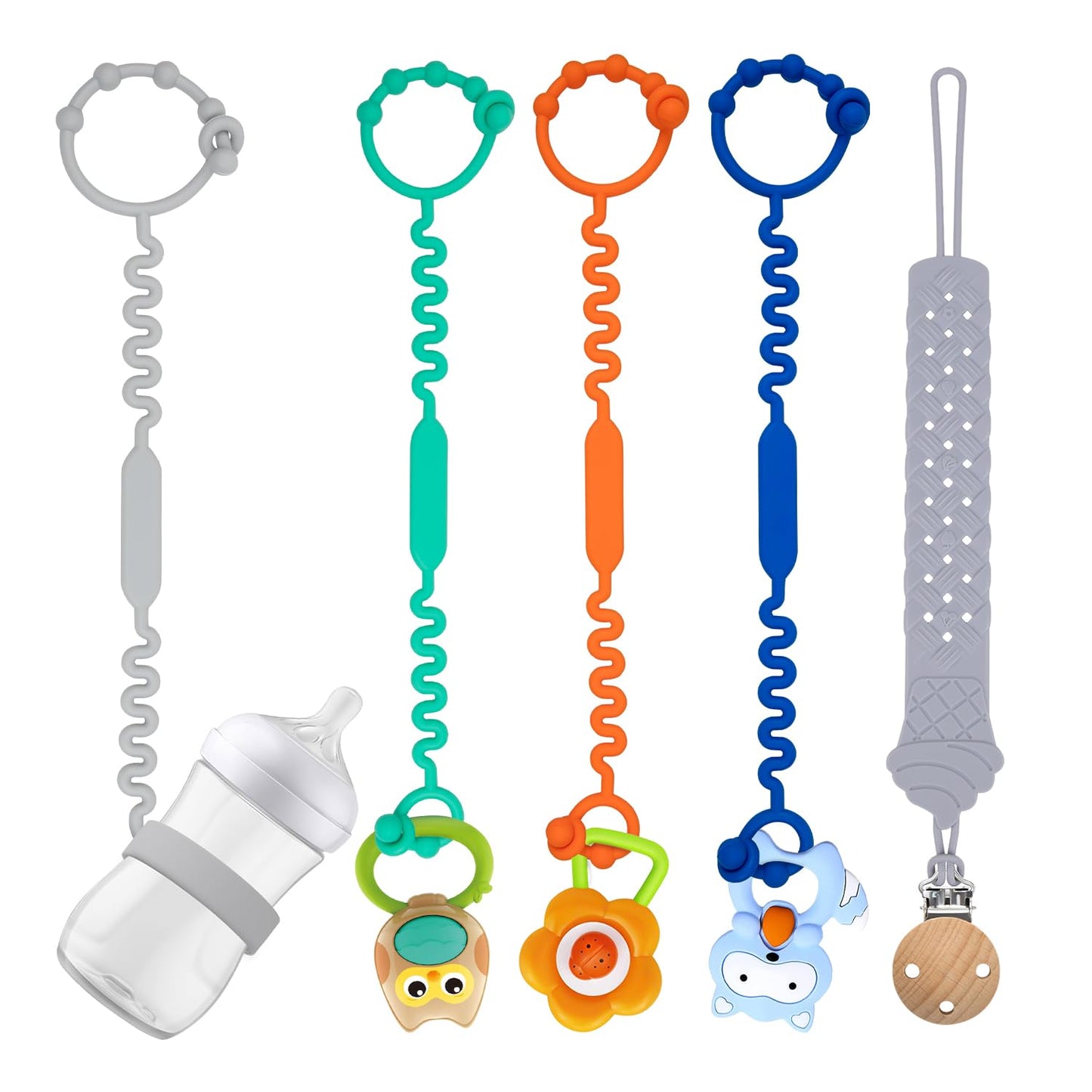 Tsarasi Silicone Baby Toy & Bottle Strap Set – Includes 1 Universal Bottle Strap, 3 Adjustable Toy Straps, &1 Pacifier Clip (Baby Blue+Celadon+Blue Gray+Gray Bottle Strap+Tan Pacifier Chain)
