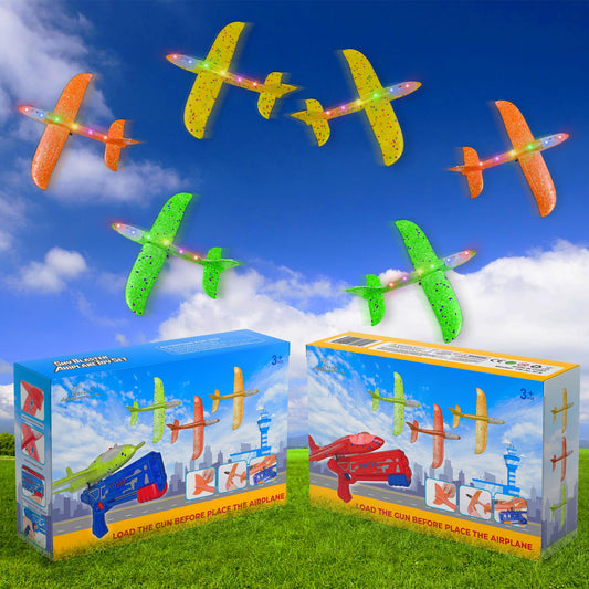 Tsarasi 3-Pack LED Light-Up Glider Catapult Planes – Foam Airplane Toys with 2 Flight Modes – Outdoor Flying Toy Gift Set for Boys & Girls Ages 3–12 (Blue Gun)