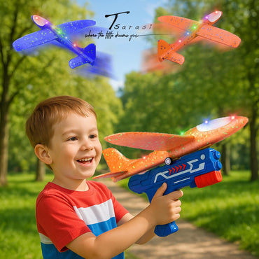 Tsarasi 3-Pack LED Light-Up Glider Catapult Planes – Foam Airplane Toys with 2 Flight Modes – Outdoor Flying Toy Gift Set for Boys & Girls Ages 3–12 (Blue Gun)