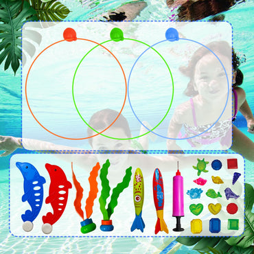 Tsarasi 27 PCS Ultimate Pool Diving Toy Set–Includes Seaweeds, Torpedoes, Pump, Dolphins, Dive Gems, Animal Toys, Swim Thru Rings & Balloons–Fun Underwater Swimming Pool Game for Kids, Teens & Adults