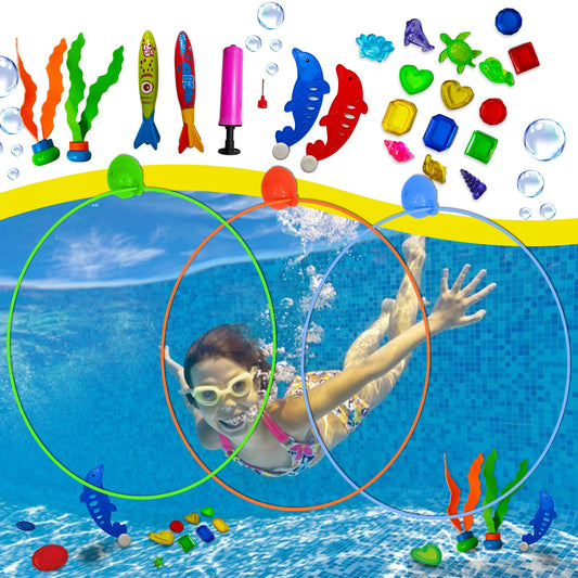 Tsarasi 27 PCS Ultimate Pool Diving Toy Set–Includes Seaweeds, Torpedoes, Pump, Dolphins, Dive Gems, Animal Toys, Swim Thru Rings & Balloons–Fun Underwater Swimming Pool Game for Kids, Teens & Adults