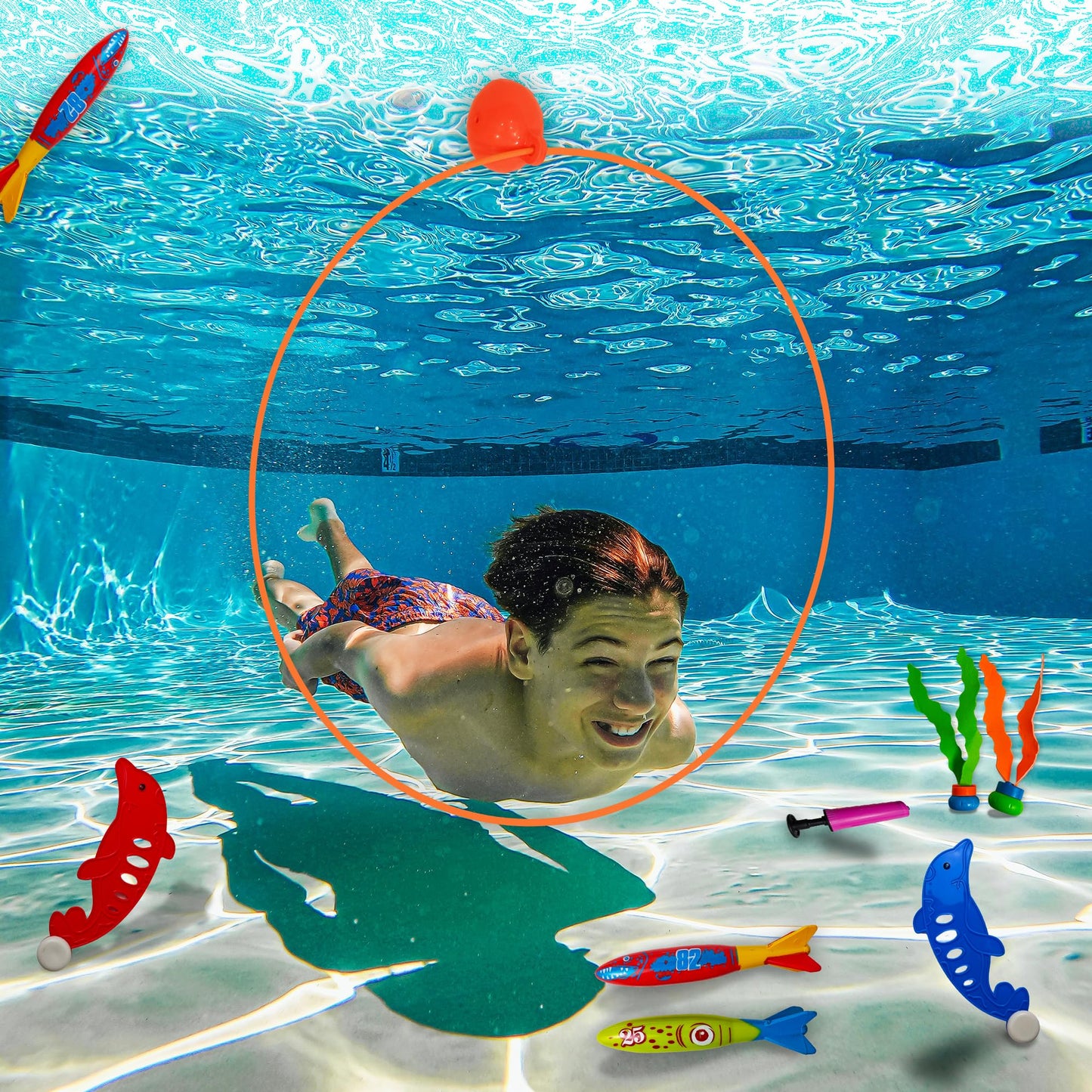 Tsarasi 27 PCS Ultimate Pool Diving Toy Set–Includes Seaweeds, Torpedoes, Pump, Dolphins, Dive Gems, Animal Toys, Swim Thru Rings & Balloons–Fun Underwater Swimming Pool Game for Kids, Teens & Adults