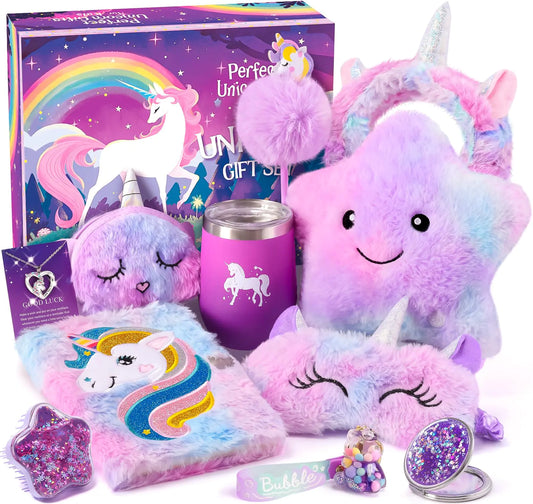 Tacobear Unicorn Gifts for Girls Toys 6 7 8 9 10 Years 11pcs with Light up Star Pillow Plush Diary Tumbler Headband Mirror Comb Birthday Christmas Teen Kid Girl Gift Unicorn Toys Aged 6+