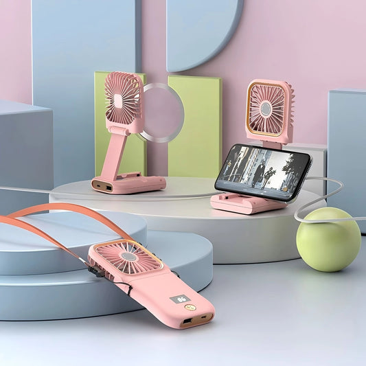 Portable Handheld Mini Fan With Digital Display, Ultra-Thin Folding Neck Fan, USB Rechargeable 3000mAh Battery, 180° Adjustable