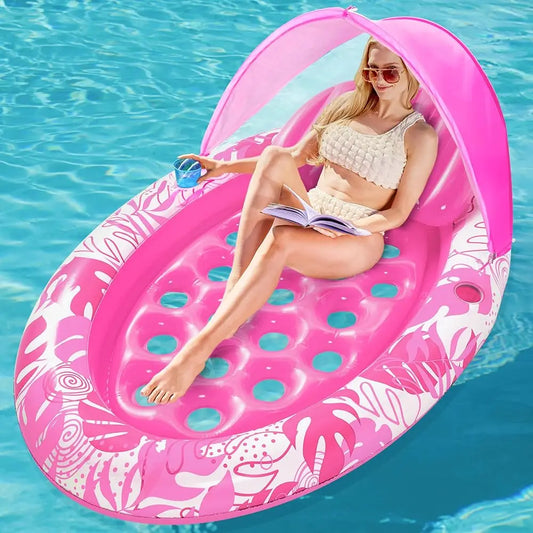 Pool Floats With Canopy - Xl Oval Pool Raft Inflatable Float For Adults With Adjustable Sun Shade Cover, Swimming Pool Tanning