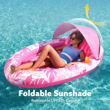 Pool Floats With Canopy - Xl Oval Pool Raft Inflatable Float For Adults With Adjustable Sun Shade Cover, Swimming Pool Tanning