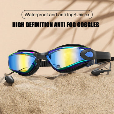 Swimming Goggles HD Anti-Fog UV Silicone Adjustable Glasses Adult Goggles Swimming Ear Plugs Professional Waterproof Glasse 18cm