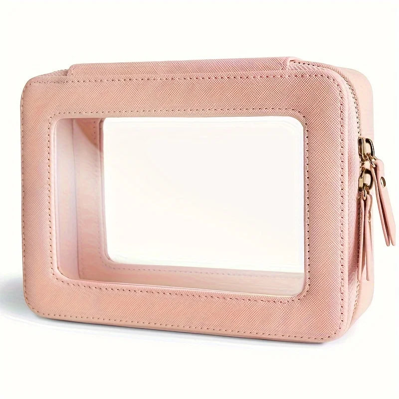 Unisex-Adult Waterproof PU Cosmetic Bag with Clear Window and Double Zippers, Durable Saffiano Leather Travel Toiletry Bag for W