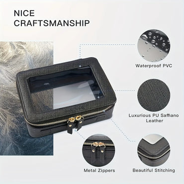 Unisex-Adult Waterproof PU Cosmetic Bag with Clear Window and Double Zippers, Durable Saffiano Leather Travel Toiletry Bag for W