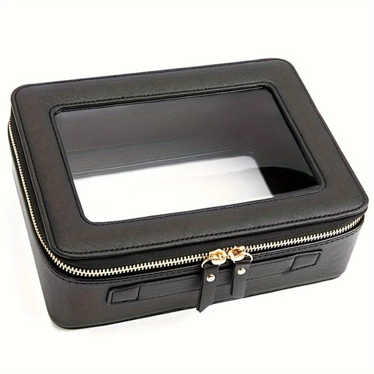 Unisex-Adult Waterproof PU Cosmetic Bag with Clear Window and Double Zippers, Durable Saffiano Leather Travel Toiletry Bag for W