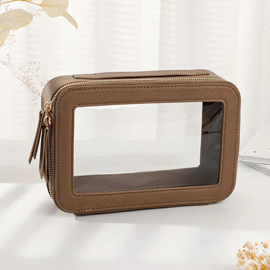Dry and Wet Separation Portable Leather Toilet Bag Portable Large-capacity Double-layer Transparent PVC Zipper Cosmetic Bag