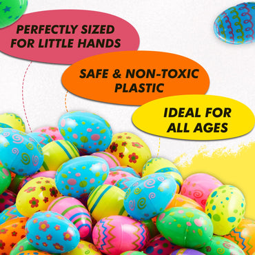 Tsarasi Premium Plastic Easter EggShell-50pcs Vibrant Solid Colors & Printed colorful Fillable Eggs,Ideal for Gift Surprises,Celebration Giveaways,School Rewards & Festive EggHunts