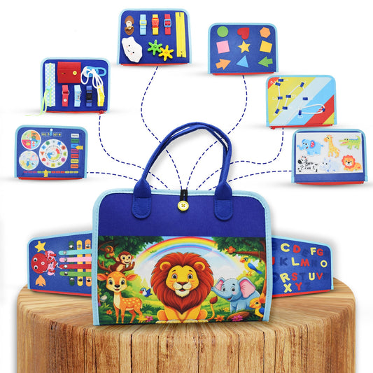 Tsarasi Montessori Busy Board for Toddlers, Sensory Creative Activity Toy for Fine Motor Skills Development, Educational Travel Companion for Boys & Girls, Rainbow Safari.
