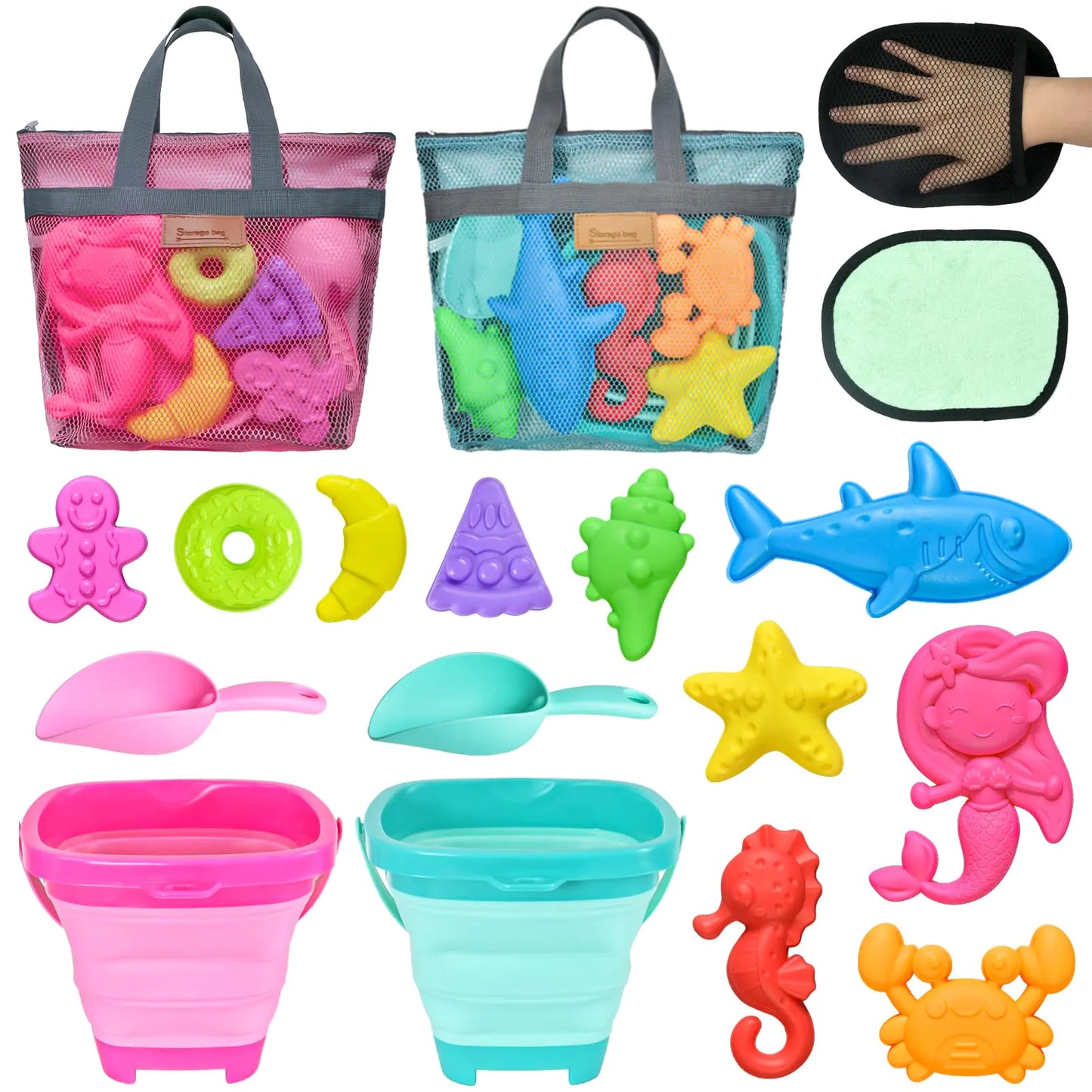 Aclarastra Collapsible Beach Sand Toys for Kids - Travel Beach Toys with 2 Collapsible Beach Buckets Mesh Bags Animal Sand Molds Sand Bucket Shovel Set Sandbox Toy for Toddler Kid Ages 3-5-7