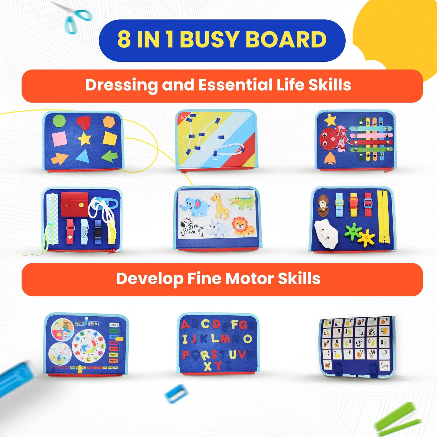 Tsarasi Montessori Busy Board for Toddlers, Sensory Creative Activity Toy for Fine Motor Skills Development, Educational Travel Companion for Boys & Girls, Rainbow Safari.