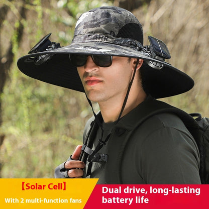 "2025 Dual-Powered Solar Fan Hat – Rechargeable Outdoor Fishing Hat with Twin Fans, UV Sun Protection & Cooling Shade for Hiking, Camping & Work"