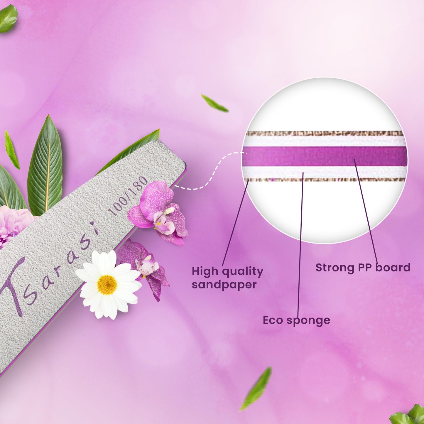 TSARASI 100 Pcs Double-Sided 100/180 Grit Emery Boards Nails Buffing File for Acrylic Nails & Professional use for Home and Salon