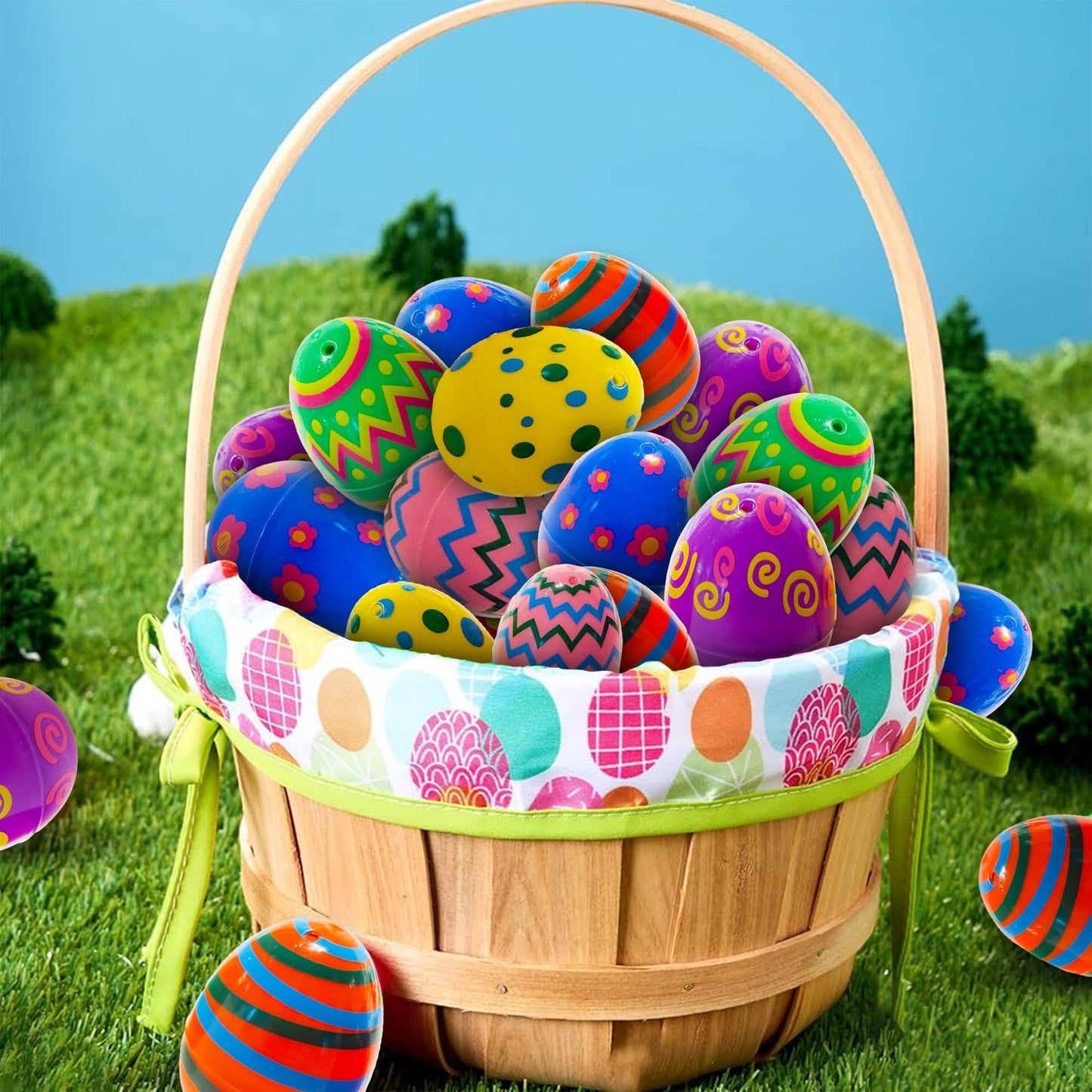 Tsarasi Premium Plastic Easter EggShell-50pcs Vibrant Solid Colors & Printed colorful Fillable Eggs,Ideal for Gift Surprises,Celebration Giveaways,School Rewards & Festive EggHunts