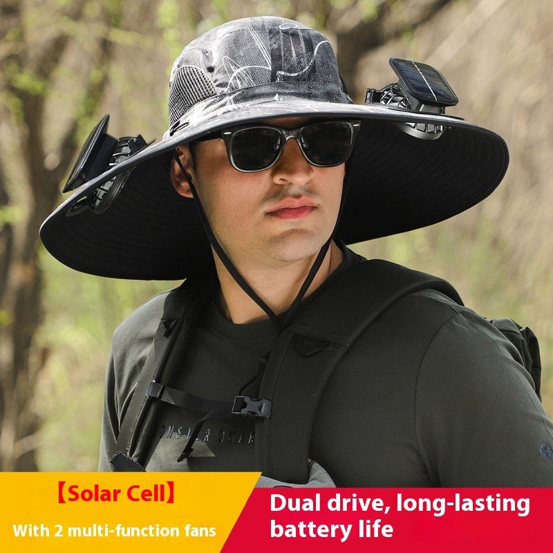 "2025 Dual-Powered Solar Fan Hat – Rechargeable Outdoor Fishing Hat with Twin Fans, UV Sun Protection & Cooling Shade for Hiking, Camping & Work"