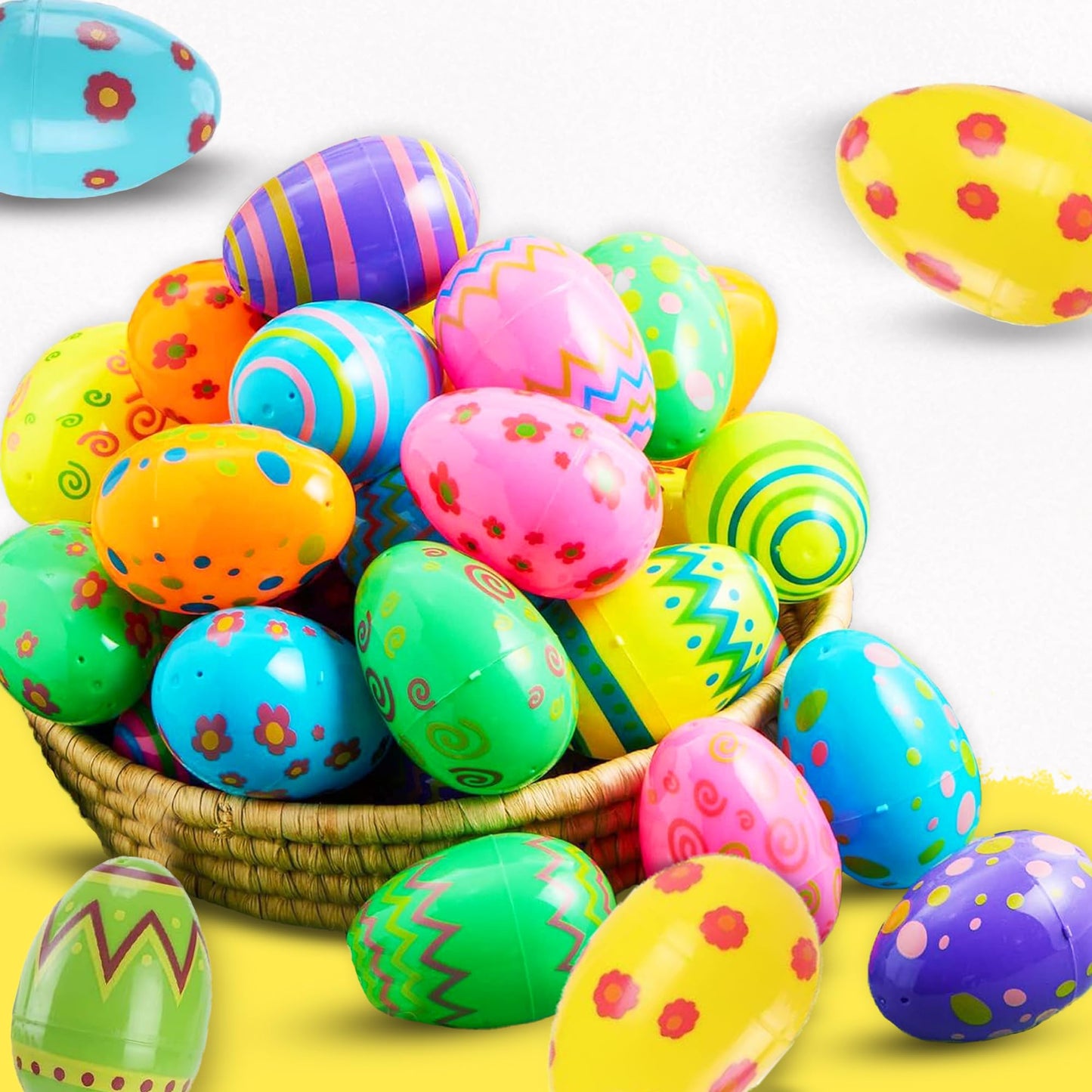 Tsarasi Premium Plastic Easter EggShell-50pcs Vibrant Solid Colors & Printed colorful Fillable Eggs,Ideal for Gift Surprises,Celebration Giveaways,School Rewards & Festive EggHunts