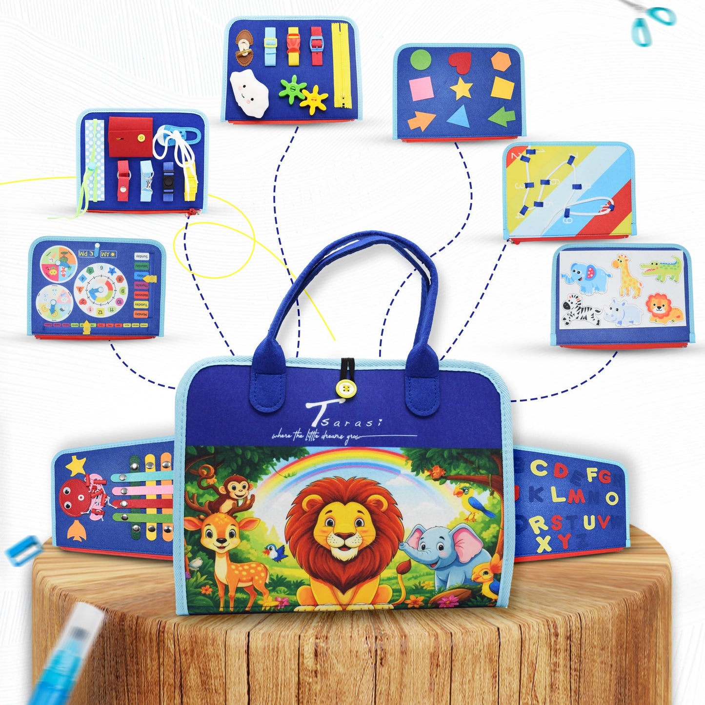 Tsarasi Montessori Busy Board for Toddlers, Sensory Creative Activity Toy for Fine Motor Skills Development, Educational Travel Companion for Boys & Girls, Rainbow Safari.