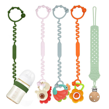 Tsarasi Silicone Baby Toy & Bottle Strap Set – Includes 1 Universal Bottle Strap, 3 Adjustable Toy Straps, &1 Pacifier Clip (Baby Blue+Celadon+Blue Gray+Gray Bottle Strap+Tan Pacifier Chain)