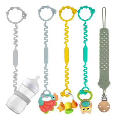 Tsarasi Silicone Baby Toy & Bottle Strap Set – Includes 1 Universal Bottle Strap, 3 Adjustable Toy Straps, &1 Pacifier Clip (Baby Blue+Celadon+Blue Gray+Gray Bottle Strap+Tan Pacifier Chain)