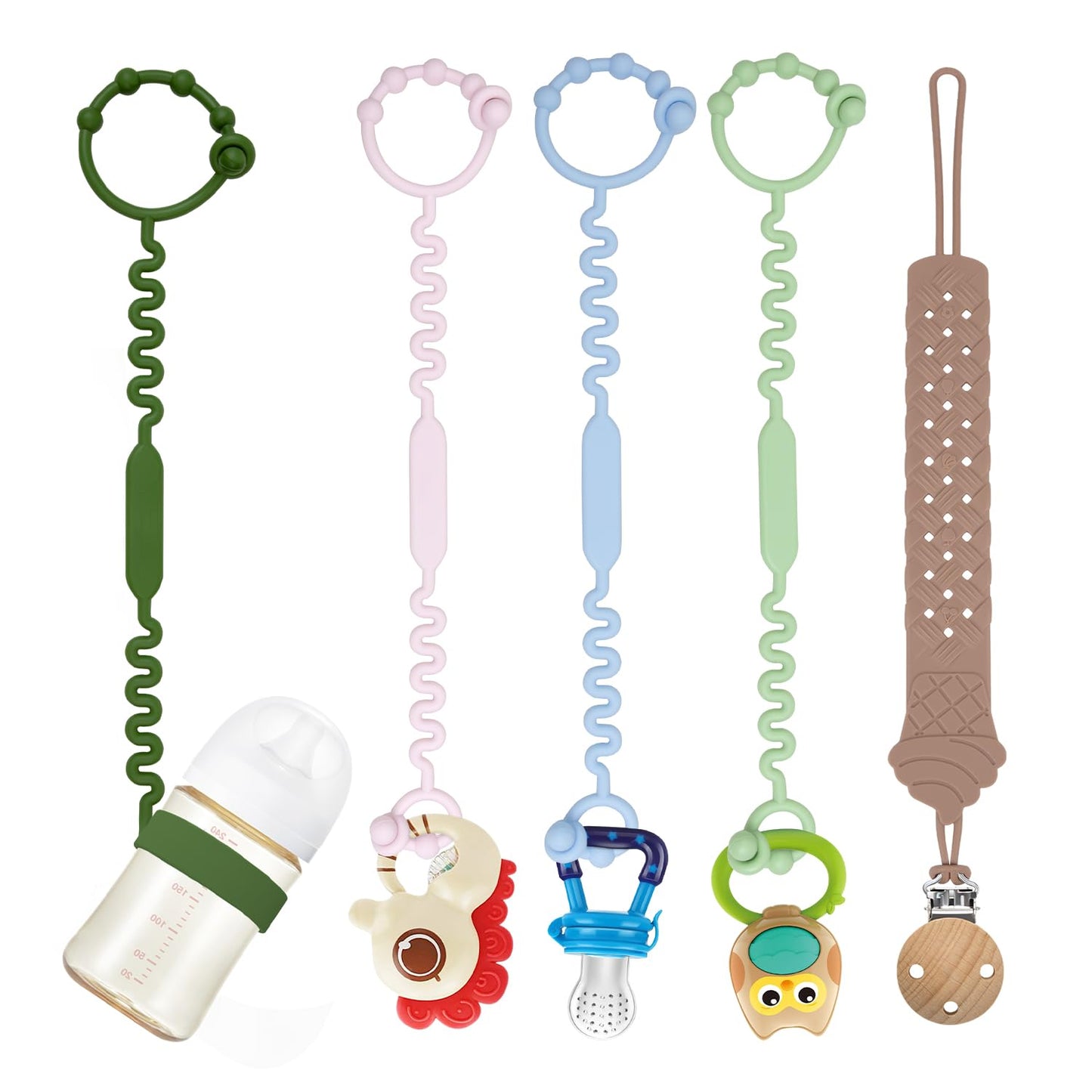 Tsarasi Silicone Baby Toy & Bottle Strap Set – Includes 1 Universal Bottle Strap, 3 Adjustable Toy Straps, &1 Pacifier Clip (Baby Blue+Celadon+Blue Gray+Gray Bottle Strap+Tan Pacifier Chain)