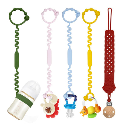 Tsarasi Silicone Baby Toy & Bottle Strap Set – Includes 1 Universal Bottle Strap, 3 Adjustable Toy Straps, &1 Pacifier Clip (Baby Blue+Celadon+Blue Gray+Gray Bottle Strap+Tan Pacifier Chain)