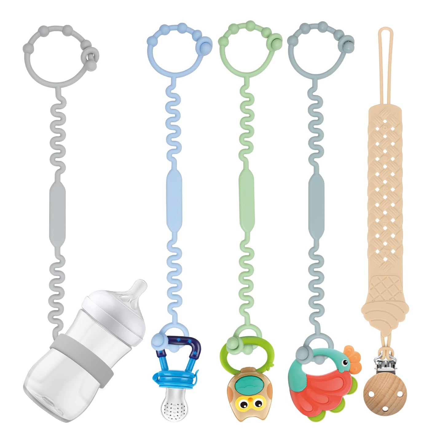 Tsarasi Silicone Baby Toy & Bottle Strap Set – Includes 1 Universal Bottle Strap, 3 Adjustable Toy Straps, &1 Pacifier Clip (Baby Blue+Celadon+Blue Gray+Gray Bottle Strap+Tan Pacifier Chain)