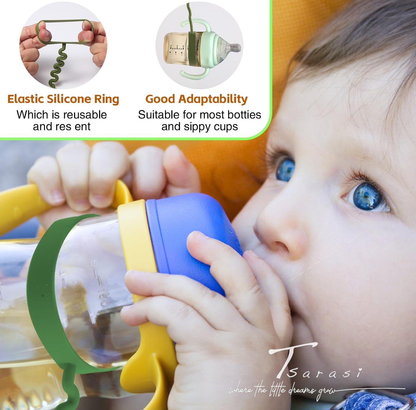 Tsarasi Silicone Baby Toy & Bottle Strap Set – Includes 1 Universal Bottle Strap, 3 Adjustable Toy Straps, &1 Pacifier Clip (Baby Blue+Celadon+Blue Gray+Gray Bottle Strap+Tan Pacifier Chain)