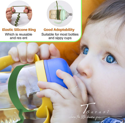 Tsarasi Silicone Baby Toy & Bottle Strap Set – Includes 1 Universal Bottle Strap, 3 Adjustable Toy Straps, &1 Pacifier Clip (Baby Blue+Celadon+Blue Gray+Gray Bottle Strap+Tan Pacifier Chain)