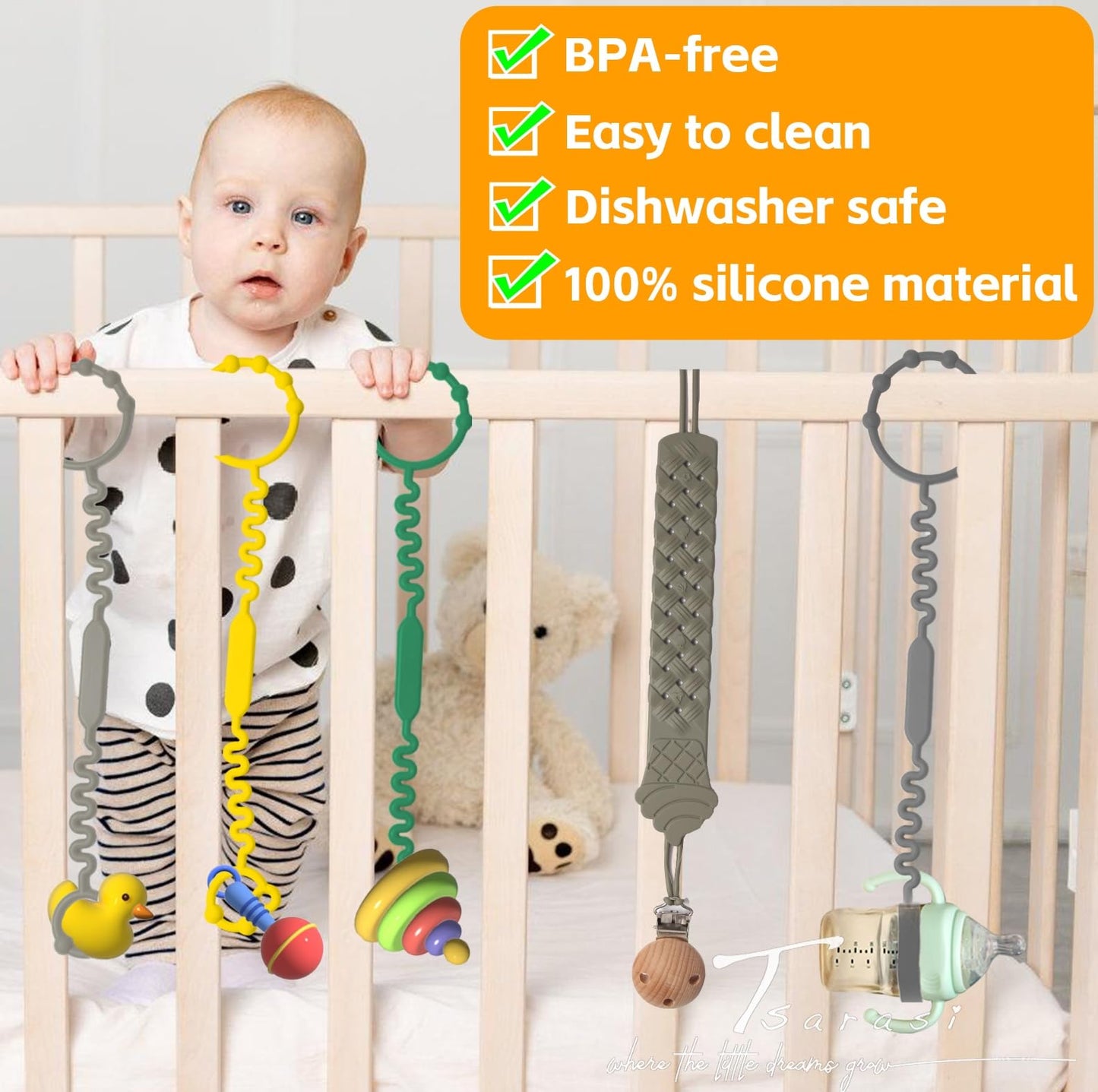 Tsarasi Silicone Baby Toy & Bottle Strap Set – Includes 1 Universal Bottle Strap, 3 Adjustable Toy Straps, &1 Pacifier Clip (Baby Blue+Celadon+Blue Gray+Gray Bottle Strap+Tan Pacifier Chain)