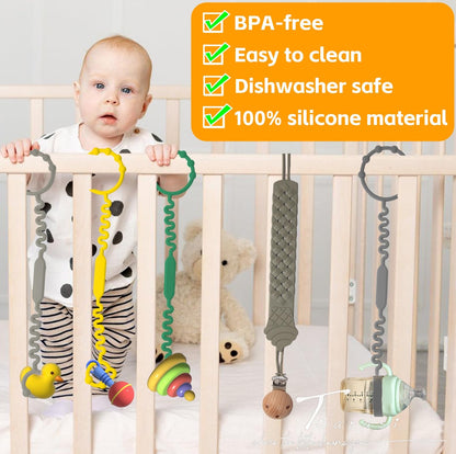 Tsarasi Silicone Baby Toy & Bottle Strap Set – Includes 1 Universal Bottle Strap, 3 Adjustable Toy Straps, &1 Pacifier Clip (Baby Blue+Celadon+Blue Gray+Gray Bottle Strap+Tan Pacifier Chain)