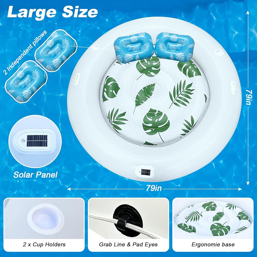Inflatable Tanning Pool Lounger Float With Lights, Solar Giant Suntan Tub Pool Float Adults, 79'' X 79'' Extra Large Sunbathing