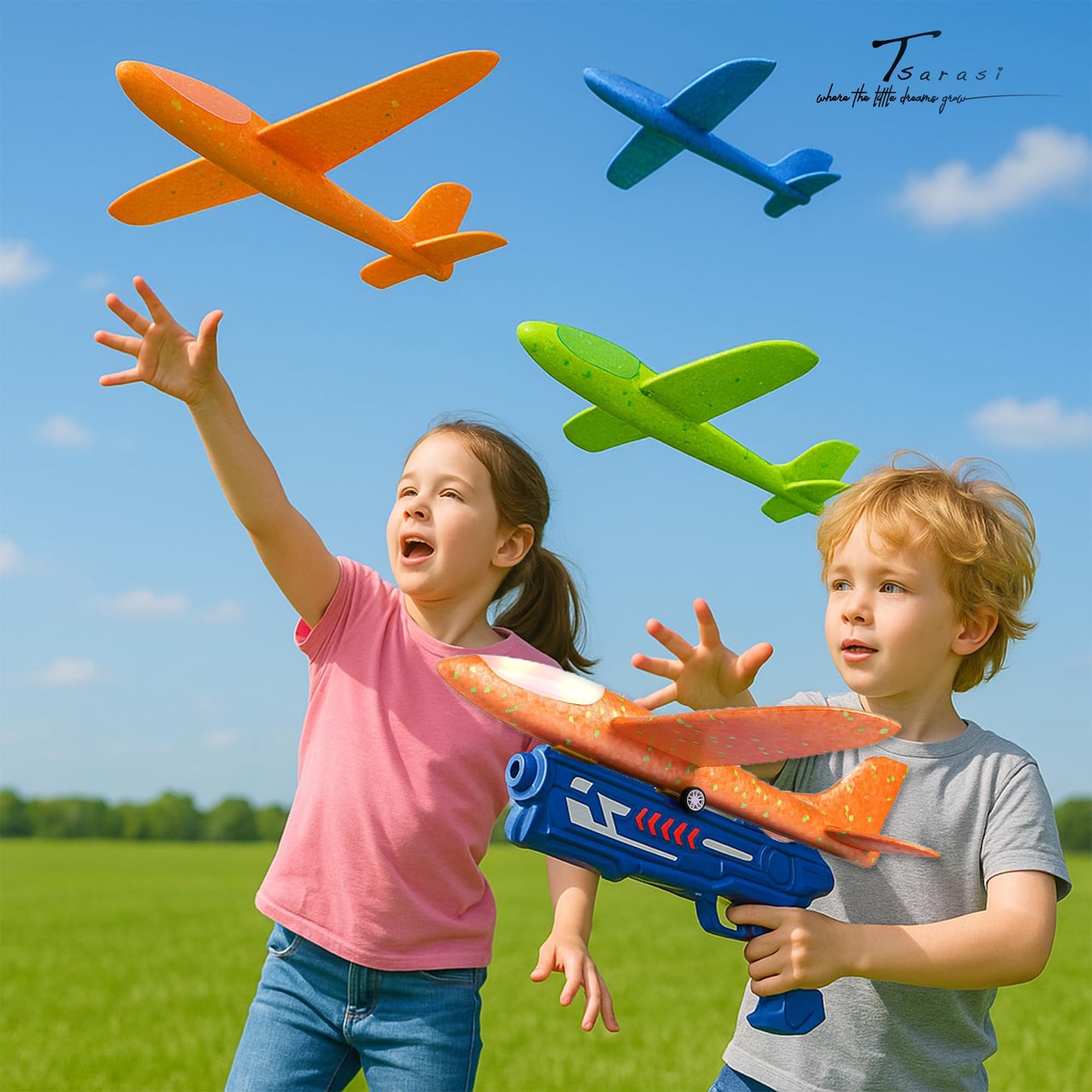 Tsarasi 3-Pack LED Light-Up Glider Catapult Planes – Foam Airplane Toys with 2 Flight Modes – Outdoor Flying Toy Gift Set for Boys & Girls Ages 3–12 (Blue Gun)