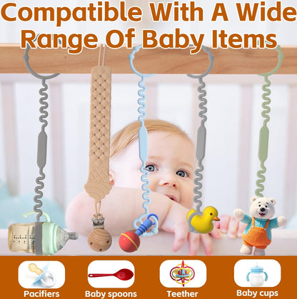Tsarasi Silicone Baby Toy & Bottle Strap Set – Includes 1 Universal Bottle Strap, 3 Adjustable Toy Straps, &1 Pacifier Clip (Baby Blue+Celadon+Blue Gray+Gray Bottle Strap+Tan Pacifier Chain)