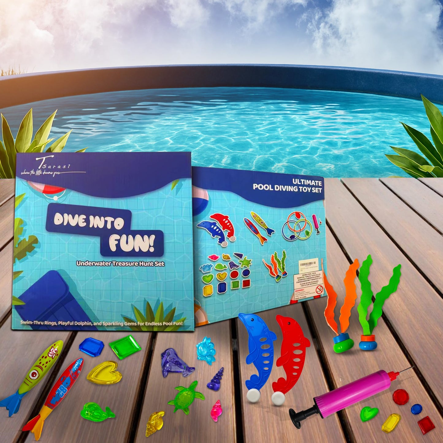 Tsarasi 27 PCS Ultimate Pool Diving Toy Set–Includes Seaweeds, Torpedoes, Pump, Dolphins, Dive Gems, Animal Toys, Swim Thru Rings & Balloons–Fun Underwater Swimming Pool Game for Kids, Teens & Adults