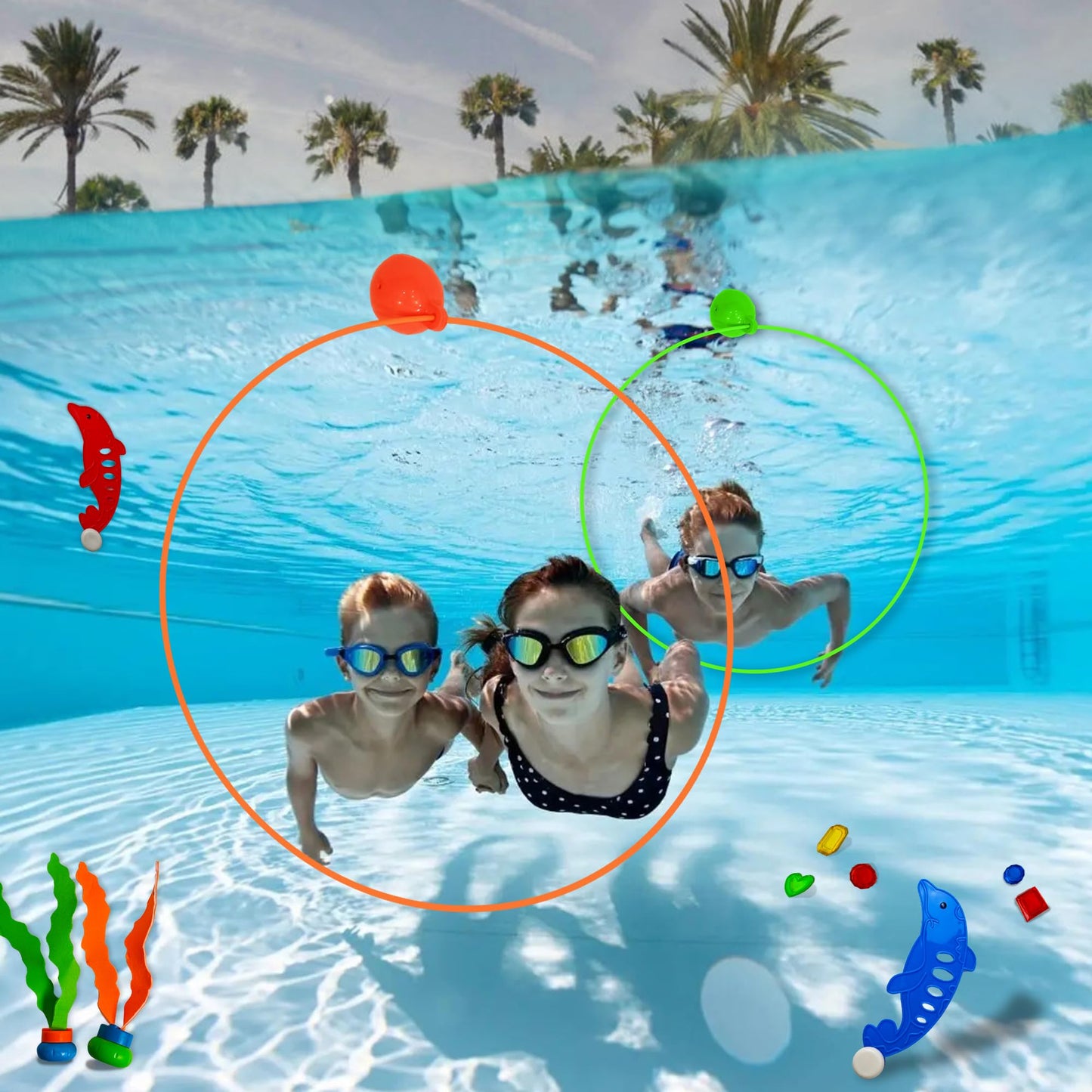 Tsarasi 27 PCS Ultimate Pool Diving Toy Set–Includes Seaweeds, Torpedoes, Pump, Dolphins, Dive Gems, Animal Toys, Swim Thru Rings & Balloons–Fun Underwater Swimming Pool Game for Kids, Teens & Adults