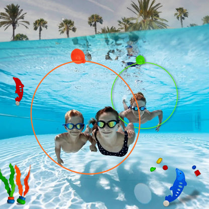 Tsarasi 27 PCS Ultimate Pool Diving Toy Set–Includes Seaweeds, Torpedoes, Pump, Dolphins, Dive Gems, Animal Toys, Swim Thru Rings & Balloons–Fun Underwater Swimming Pool Game for Kids, Teens & Adults