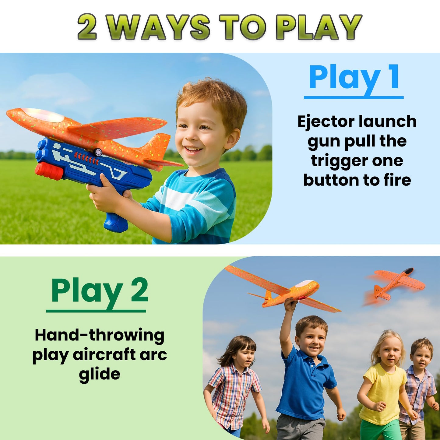 Tsarasi 3-Pack LED Light-Up Glider Catapult Planes – Foam Airplane Toys with 2 Flight Modes – Outdoor Flying Toy Gift Set for Boys & Girls Ages 3–12 (Blue Gun)