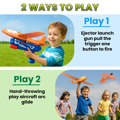 Tsarasi 3-Pack LED Light-Up Glider Catapult Planes – Foam Airplane Toys with 2 Flight Modes – Outdoor Flying Toy Gift Set for Boys & Girls Ages 3–12 (Blue Gun)