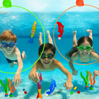 Tsarasi 27 PCS Ultimate Pool Diving Toy Set–Includes Seaweeds, Torpedoes, Pump, Dolphins, Dive Gems, Animal Toys, Swim Thru Rings & Balloons–Fun Underwater Swimming Pool Game for Kids, Teens & Adults