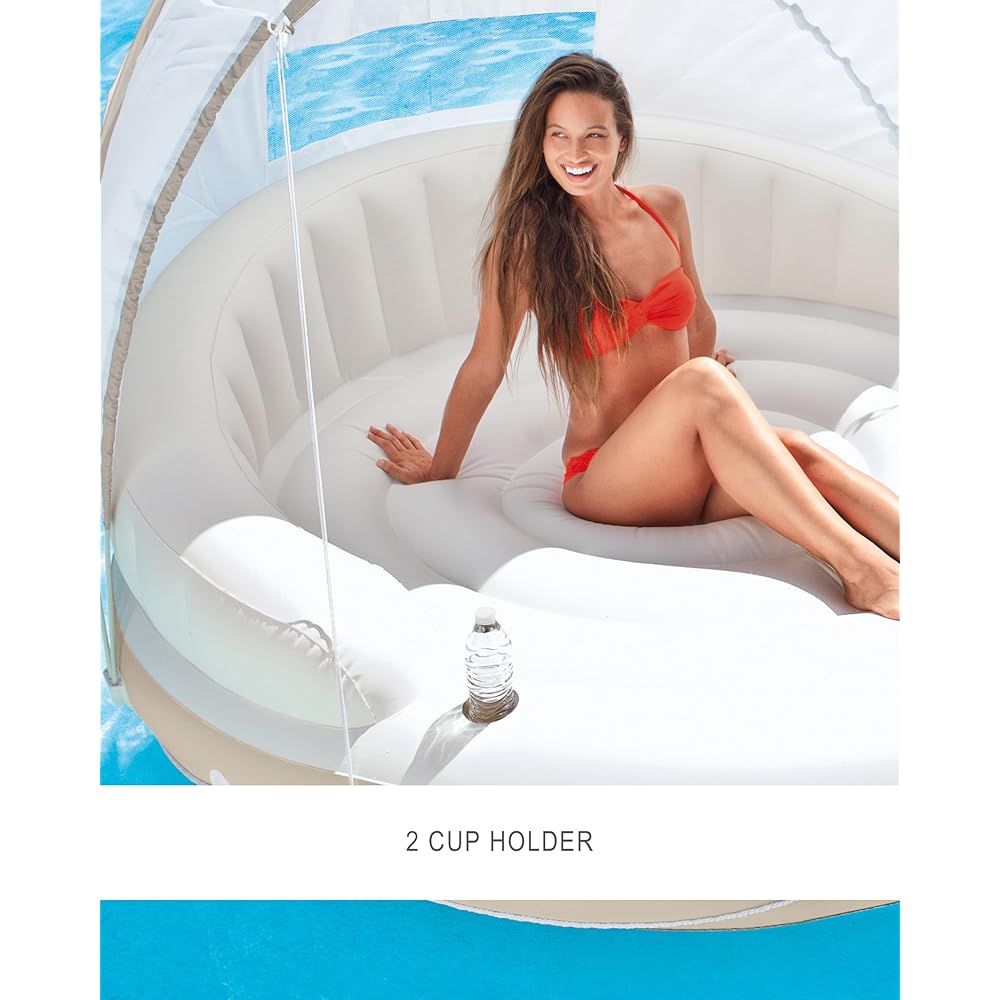 Canopy Island Inflatable Pool Float: Comfortable Lounge Surface – Built-In Cup Holders – Detachable Sunshade – 440Lb 58292Ep