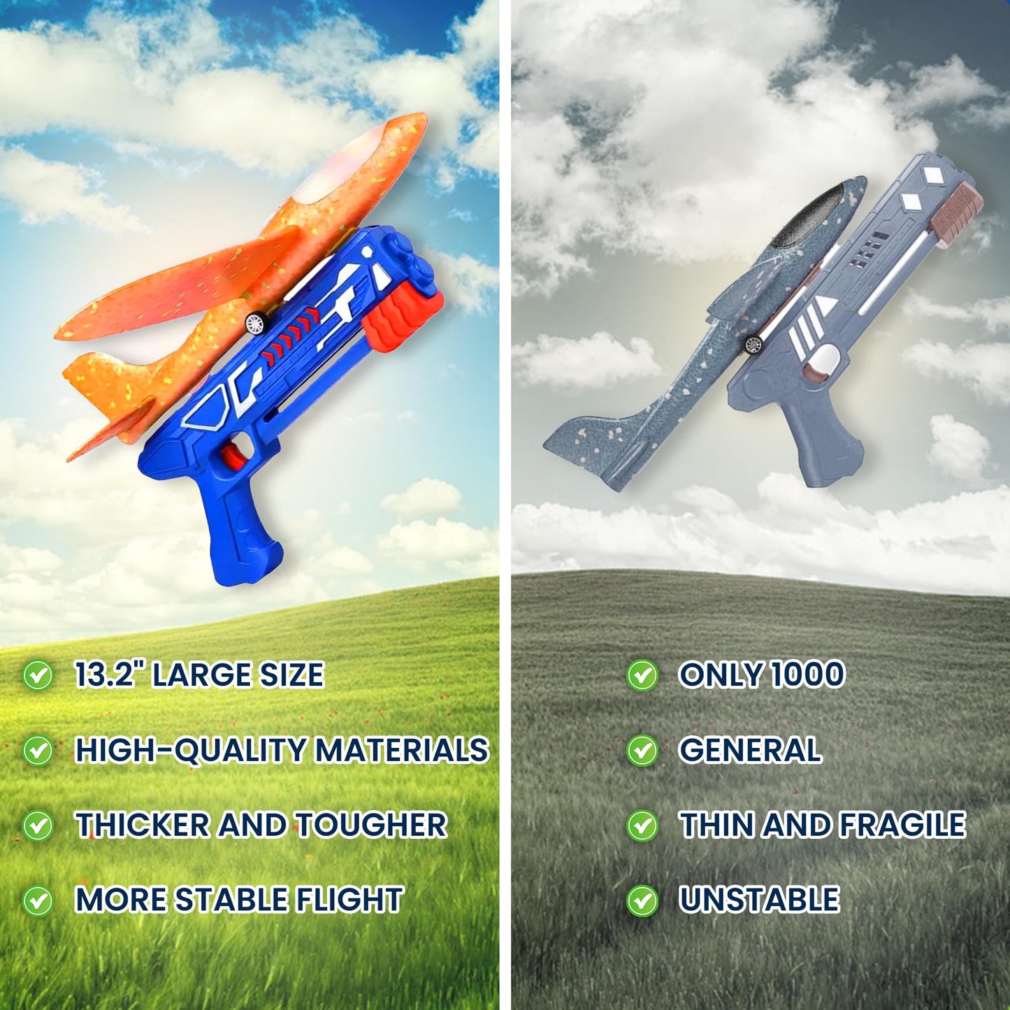 Tsarasi 3-Pack LED Light-Up Glider Catapult Planes – Foam Airplane Toys with 2 Flight Modes – Outdoor Flying Toy Gift Set for Boys & Girls Ages 3–12 (Blue Gun)