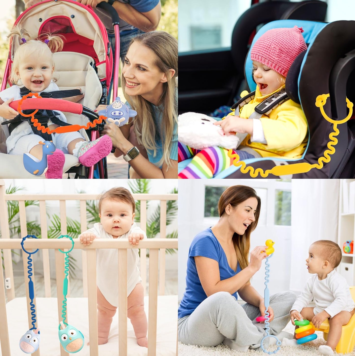 Tsarasi Silicone Baby Toy & Bottle Strap Set – Includes 1 Universal Bottle Strap, 3 Adjustable Toy Straps, &1 Pacifier Clip (Baby Blue+Celadon+Blue Gray+Gray Bottle Strap+Tan Pacifier Chain)