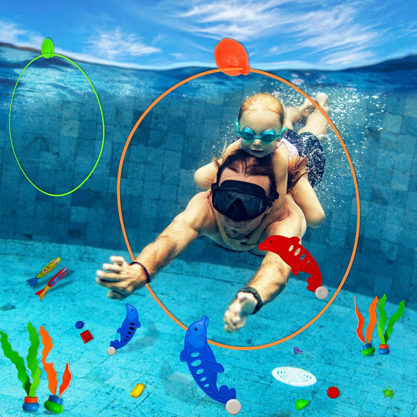 Tsarasi 27 PCS Ultimate Pool Diving Toy Set–Includes Seaweeds, Torpedoes, Pump, Dolphins, Dive Gems, Animal Toys, Swim Thru Rings & Balloons–Fun Underwater Swimming Pool Game for Kids, Teens & Adults