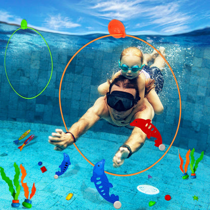 Tsarasi 27 PCS Ultimate Pool Diving Toy Set–Includes Seaweeds, Torpedoes, Pump, Dolphins, Dive Gems, Animal Toys, Swim Thru Rings & Balloons–Fun Underwater Swimming Pool Game for Kids, Teens & Adults