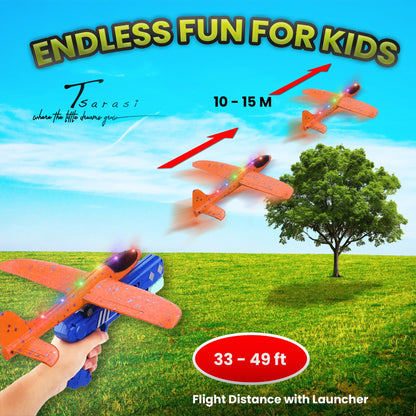 Tsarasi 3-Pack LED Light-Up Glider Catapult Planes – Foam Airplane Toys with 2 Flight Modes – Outdoor Flying Toy Gift Set for Boys & Girls Ages 3–12 (Blue Gun)